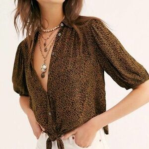 Free People Leopard Front Tie Top